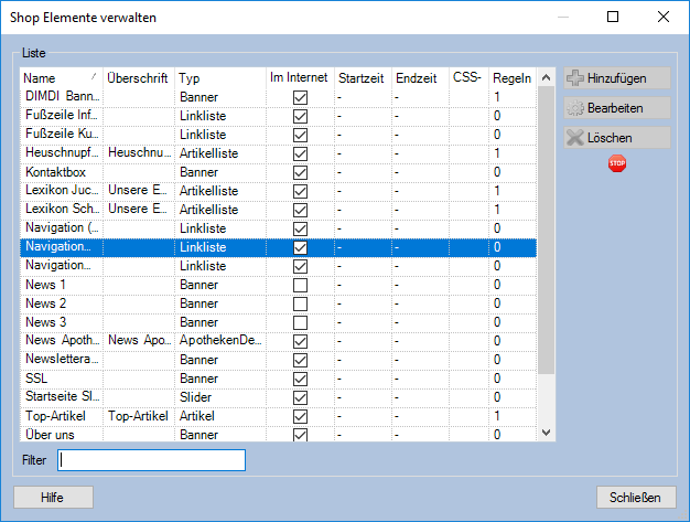 Shop Elemente verwalten